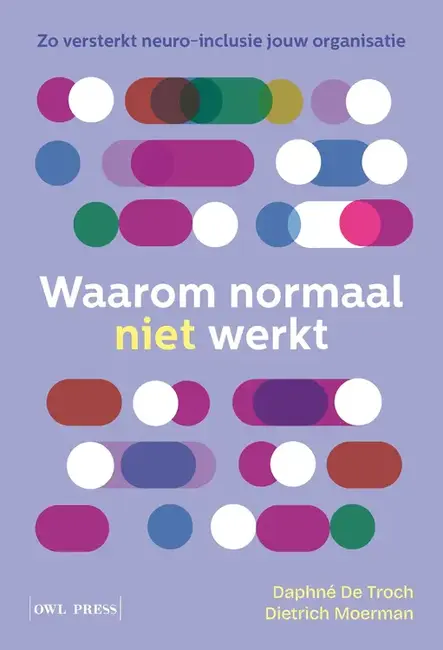 Cover of the book 'Waarom normaal niet werkt' with the subtitle 'Zo versterkt neuro-inclusie jouw organisatie', abstract coloured spheres and ellipses, the name of the authors and the publisher 'Owl Press'.